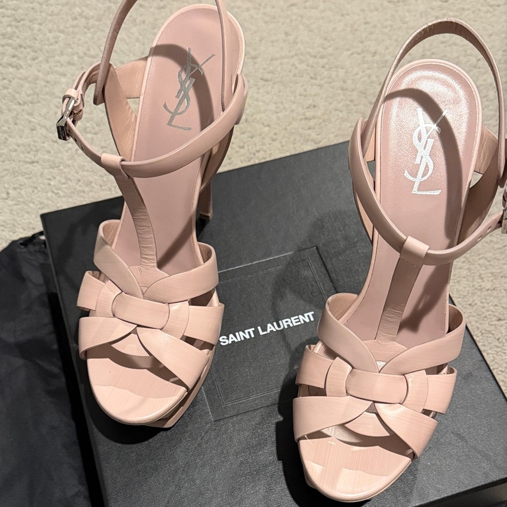 Saint Laurent Pink Leather T-Strap Woven Heeled Sandals